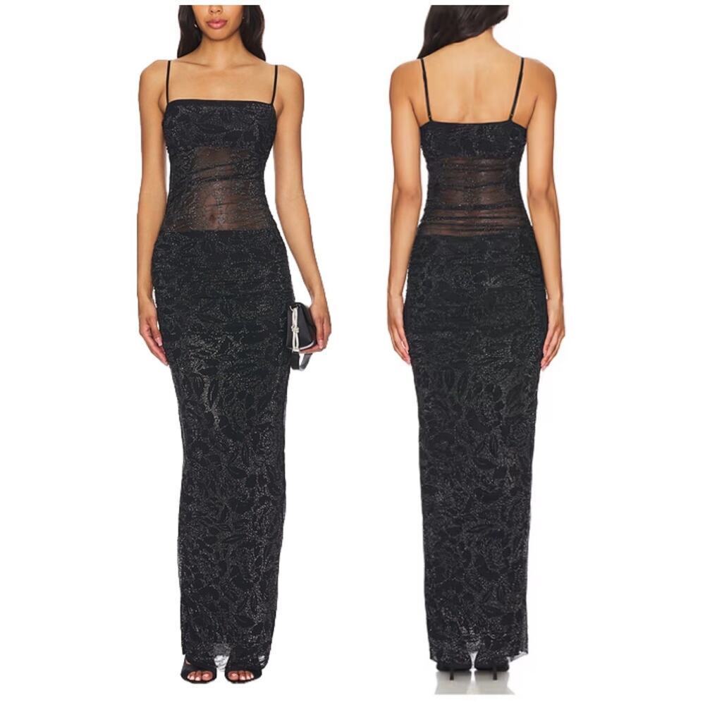 AFRM Jennan Rhinestone Illusion Maxi Dress Mesh Mid Section Black Size M